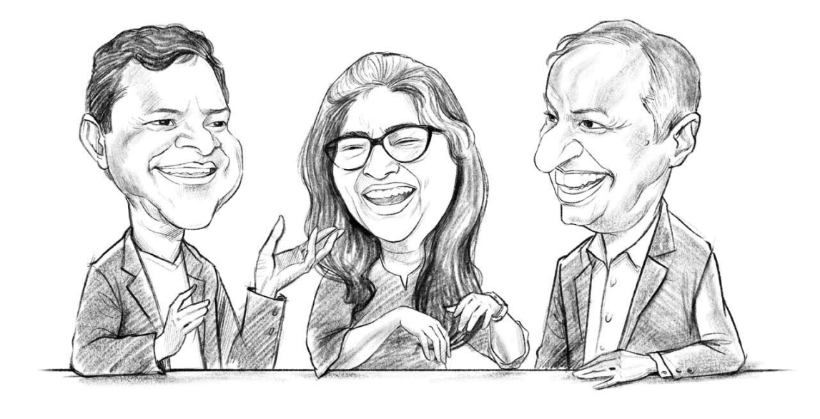 Caricature of the three podcast hosts